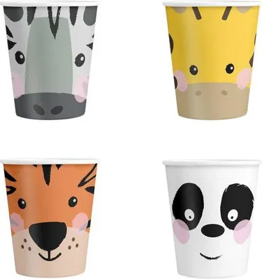 Produktbild von 4er-Set Papierbecher 220 ml mit Tiermotiven für Geburtstage, kalte und warme Getränke