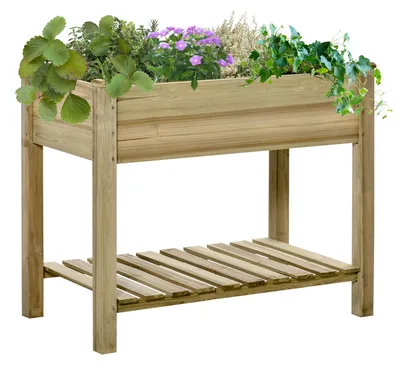 Produktbild von Outsunny Hochbeet mit Ablage, erhöhtes Kräuterbeet mit Ablauflöchern, Holz