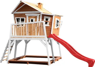 Produktbild von AXI Spielhaus Max mit Sandkasten & roter Rutsche | Stelzenhaus in Braun & Weiß aus Holz für Kinder | Spielturm mit Wellenrutsche für den Garten