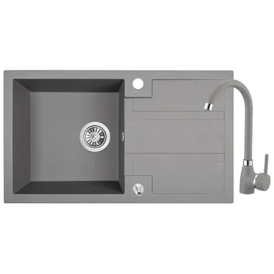 Produktbild von Design Granitspüle 1 Becken mit Abtropffläche im Set mit Granitarmatur mit U-Auslauf Grau
