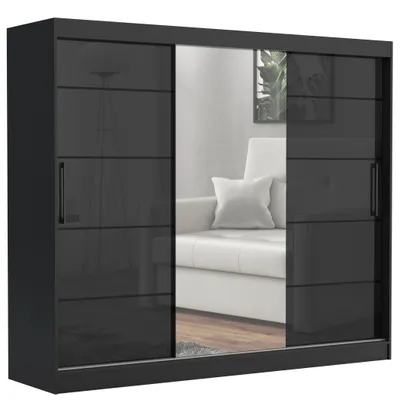 Produktbild von Schwebetürenschrank TOMY, 2-türig Schrank, Schwarz Hochglanz, 235 cm Kleiderschrank mit 4 Schubladen, Spiegel, Kleiderstangen und Regalen