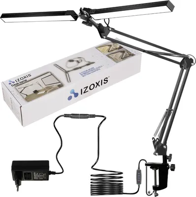 A desk lamp with its accessories and packaging on a white background.