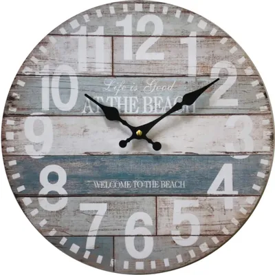 A round wall clock with a distressed wood plank design and Arabic numerals.