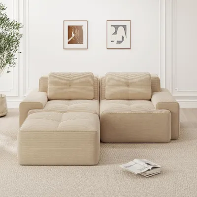 Produktbild von L-förmiges Modulsofa mit Ottoman, Cordsofa Beige, Zweisitzer Schlafsofa mit 74cm tiefem Sitz, Kratzfest & Ohne Montage, 204x177x69 cm