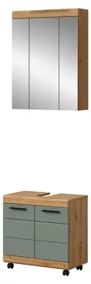 Produktbild von 2-teilige Badkombination Scout 60x191x34 cm in Artisan Eiche & Salbei – Mobiles Set aus Waschbeckenunterschrank und Spiegelschrank auf Rollen – Frisches Design für eine moderne Badorganisation