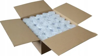 An open cardboard box filled with individually wrapped clear plastic items.