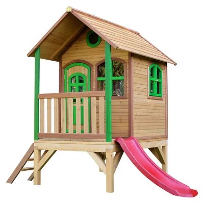 Produktbild von AXI Spielhaus Tom mit roter Rutsche | Stelzenhaus in Braun & Grün aus  Holz für Kinder | Spielturm für den Garten