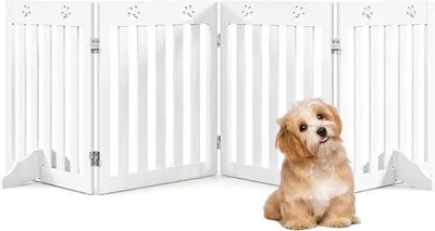 Produktbild von Absperrgitter Hunde, Schutzgitter Holz, Kindergitter klappbar, Treppengitter 60cm Hoch, Hundeabsperrgitter flexibel Türschutzgitter (4 Paneelen, Weiß)