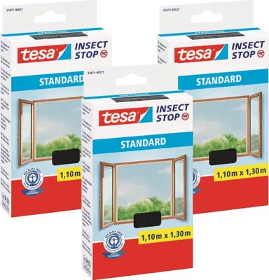 Image de TESA STANDARD Moustiquaire velcro pour fenêtre, filet pour fenêtre 1,1 m x 1,3 m, noir, 3 pièces