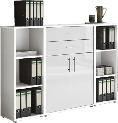 Produktbild von Aktenschrank TABOR 13 in weiß / weiß Hochglanz, Schrankwand, Büroschrank, abschließbar, Metallgriffe