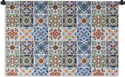 Produktbild von MuchoWow® Wandteppich Wandbehang Design - Blumen - Orange - Blau - Abstrakt 90x60 cm Tapisserie Dekoration Wandtuch - Wandskulpturen - Bildteppich