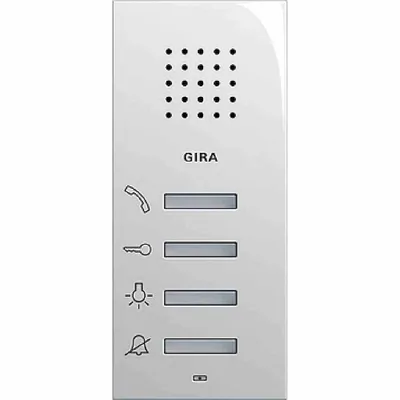 A white GIRA intercom system with multiple buttons and icons.