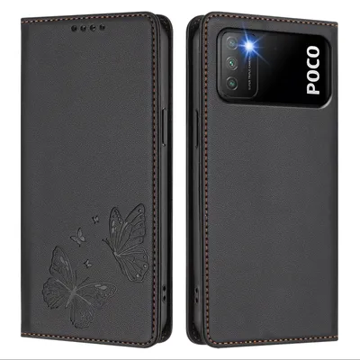 Produktbild von Lederhülle für Xiaomi Poco M3/Redmi 9T, Schmetterling Prägung Leder Brieftasche Schutzhülle mit Ständer Schwarz