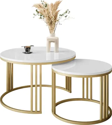 Produktbild von Runder Couchtisch LORI GOLD 2in1 Hochglanz Gold matt / Weiß hochglanz