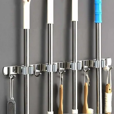 Image de Support mural en acier inoxydable pour balais, avec 4 fentes et 5 crochets