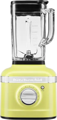A yellow KitchenAid Artisan K400 blender is shown against a white background.