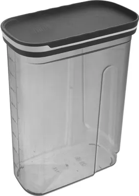 A transparent plastic food storage container with a gray lid.