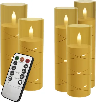 Produktbild von XINZI LED Kerzen 5er Set, Flammenlose Kerzen Ø5 x 14/14/16/18/20 cm, Fernbedienung, Timer, Batteriebetrieben, Batteriebetrieben, Gold
