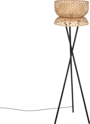 A floor lamp with a woven shade and a tripod base.