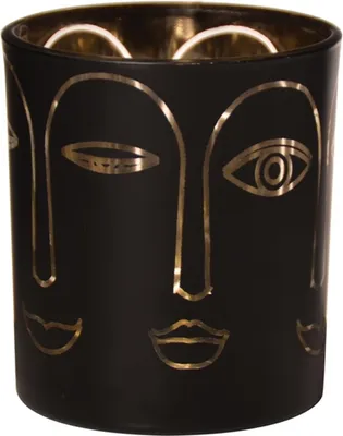 Produktbild von INNA-Glas Teelichthalter Glas Leoline mit Gesichtern, schwarz-Gold, 8cm, Ø7cm - Windlicht Glas