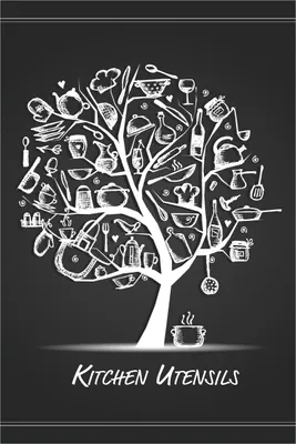 Produktbild von Wallario selbstklebendes Poster - Kitchen Utensils - Baum aus Küchenutensilien in schwarz weiß, Größe: 61 x 91,50 cm