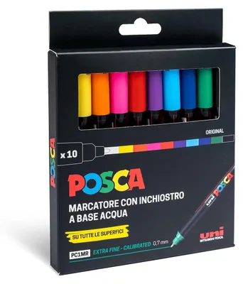 Zdjęcie produktu dla Zestaw 10 markerów temperowych Posca Uni Posca PC1MR z ultra-cienką końcówką 0,7 mm, kolory losowe
