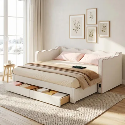 Image de Lit de jour 90x200 cm, extensible à 180x200 cm, avec 2 tiroirs, ports USB et Type-C, sommier à lattes, revêtement bouclé, couleur beige