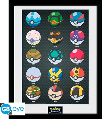 A framed print displaying a grid of various Pokemon Pokeballs.