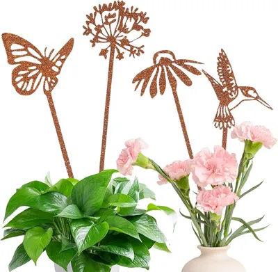 Produktbild von 4er-Set Gartenstecker mit Schmetterlingen und Rostdekor für draußen, wetterfeste Gartendekoration mit Vögelchen, Pusteblume und Blumensteckern aus Metall für Garten und Balkon