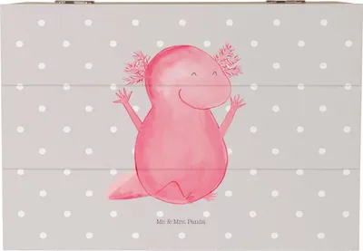 Produktbild von Mr. & Mrs. Panda Holztruhe Axolotl Hurra 22 x 15 cm - Grau Pastell - Geschenk, schatzkiste holz, Kiste mit Deckel, fotobox, Fröhlich, Zufriedenheit, Lurch, Geschenkbox