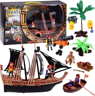 A pirate-themed toy playset including a ship, figures, cannon, and accessories, presented in its retail packaging.