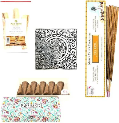 Produktbild von Fiore d’Oriente - Palo Santo Set - Holzstäbchen 15 g Mini Kegel 10 Stäbchen 10 Alu Räucherstäbchenhalter