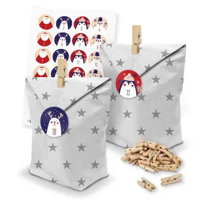 Produktbild von itenga SET Adventskalender 24 x Tüten Sterne + Klammern + Zahlensticker (Z43)