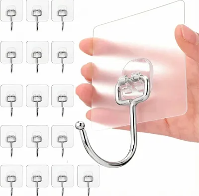Produktbild von 16 Stück, max. 15 kg selbstklebende Haken. Extra starke, große selbstklebende Haken. Transparente Haken. Selbstklebende Wandhaken. Selbstklebend für Küche, Bad, Wand und Decke.