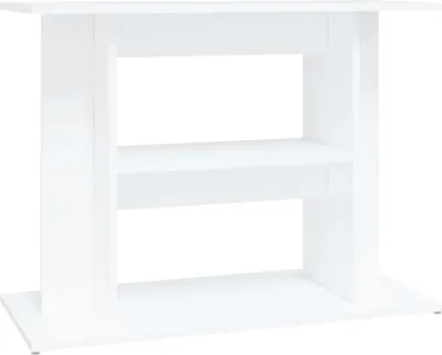 A white aquarium stand with two shelves, shown from the front.