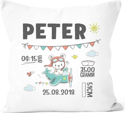 Produktbild von personalisierbares Kissen zur Geburt mit Flugzeug und Bären Geburtskissen, Geschenk Geburt Baby Mädchen Wunsch-Name SpecialMe® weiß unisize