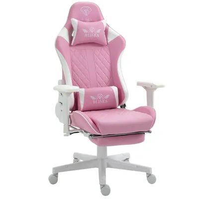 A pink and white gaming chair with a footrest and adjustable armrests, shown against a white background.