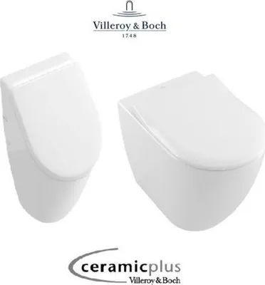 Zdjęcie produktu dla Villeroy & Boch Pisuar Subway z wiszącą deską WC 2.0 rimless CeramicPlus i deską WC QuickRelease SoftClose Slim, biały alpin