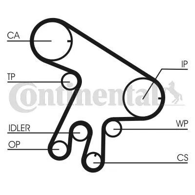 A diagram showing the routing of a timing belt around various pulleys and components.