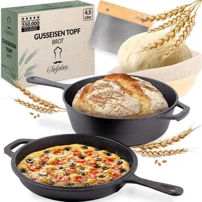 Produktbild von Gusseisen-Bratpfanne, 3 Liter – 2-in-1-Set für Braten und Brotbacken