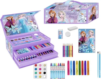 A collection of Disney Frozen themed art supplies, including a large art box, pencils, crayons, and other stationery items, arranged on a white background.