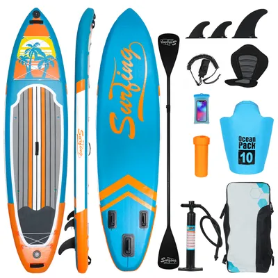 Produktbild von Puluomis SUP Board mit Sitz 335cm, Stand Up Paddle Boards Set, Paddling Paddelboard Surfbrett Aufblasbar, Pumpe Tragetasche, MB. bis 150Kg Orange Blau