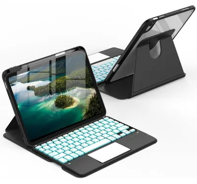 Image de Coque rotative avec clavier pour iPad de 11e/10e génération, modèle 11/10,9 pouces, avec pavé tactile et éclairage à 7 couleurs, noire
