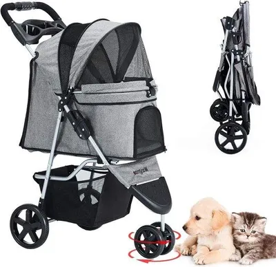 Image de Chariot pliable pour chien, 15 kg, gris, avec panier de rangement