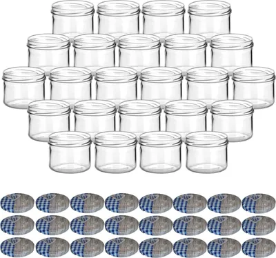Produktbild von gouveo 24er Set Einmachgläser 230 ml rund mit Schraubdeckel Herz-blau - Vorratsgläser mit Drehverschluß TO82 für Marmelade, Konfitüre, Selbstgemachtes
