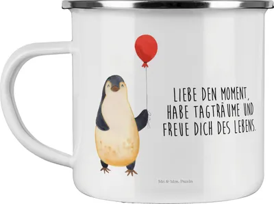 Produktbild von Mr. & Mrs. Panda Emaille Tasse Pinguin Luftballon - Weiß - Geschenk, Teetasse, Motivation, Liebe, Teebecher, Geschenkidee, becher, Pott, Haferl
