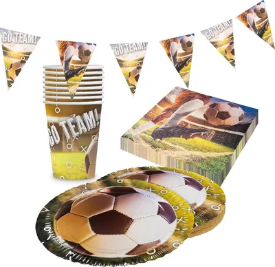 Produktbild von Fußball Realistisch Partyset – 4-teilig mit Tellern, Bechern, Servietten, Wimpel