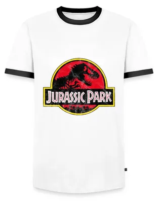 Produktbild von Spreadshirt Jurassic Park Klassisches Logo In Rot Mit T-Rex Männer Kontrast T-Shirt, M, Weiß/Schwarz