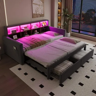 Immagine prodotto di Letto imbottito a scomparsa 90x190 cm con rete a doghe, testiera con vani contenitori integrati, striscia LED, prese di corrente e 2 cassetti, rivestito in velluto color grigio scuro