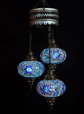 Immagine prodotto di Lampada a sospensione turca blu con 3 sfere di vetro mosaico - Lampada da soffitto orientale per un'illuminazione suggestiva